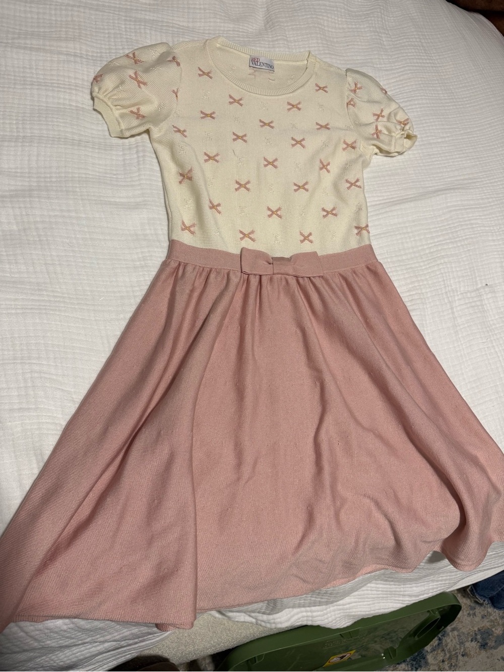 RED Valentino Cream and Pink Bow-Trim Knit Dress